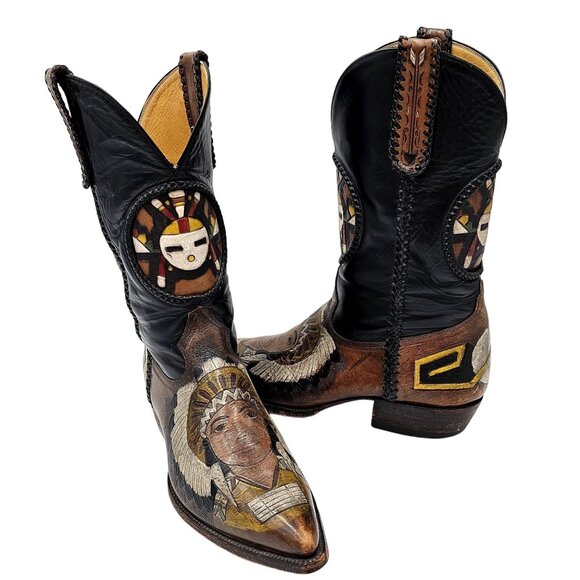 Custom 9D Hand Tooled/ Painted Native American Chief boots Vintage 1995 Western - Picture 1 of 16